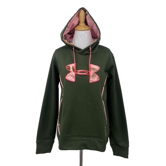 Under Armour Hoodie Womens L Large Moss Storm Semi Fitted Fleece Lined Camo Logo - Picture 1 of 13